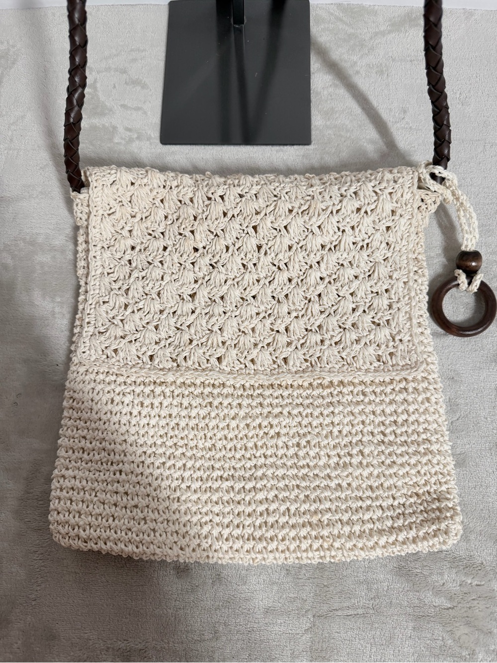 Cream Crochet Crossbody Bag with Braided Strap